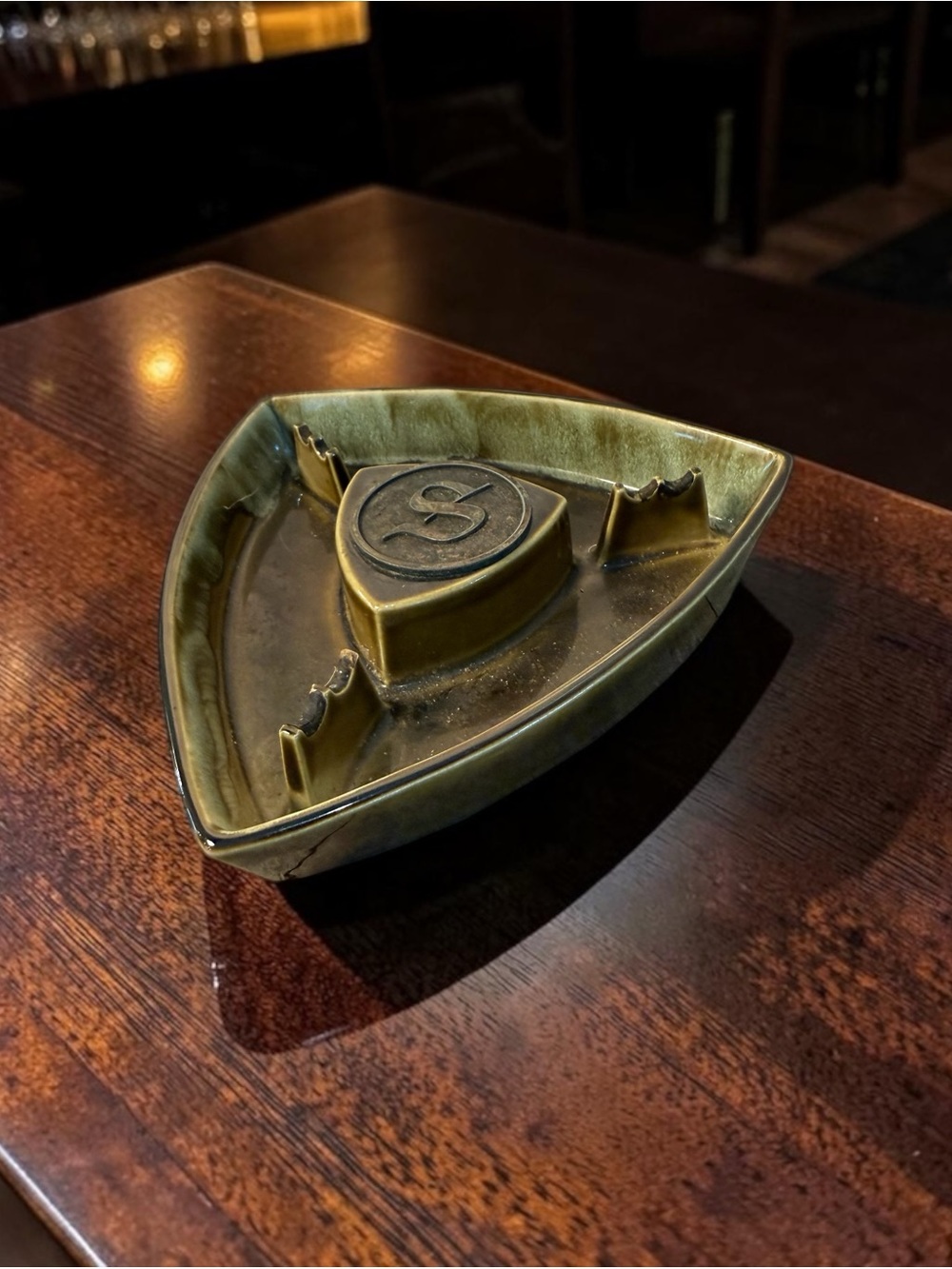 vintage MCM avocado green ceramic ashtray with initial S TeamLine USA AT42